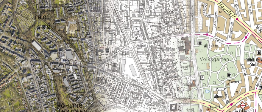 Collage aus Luftbild und Stadtplan