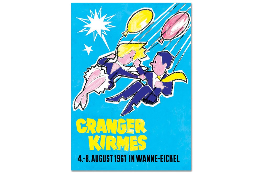 Plakat des Jahres 1961 mit der Zeichnung eines Paares auf einem Kettenkarussell
