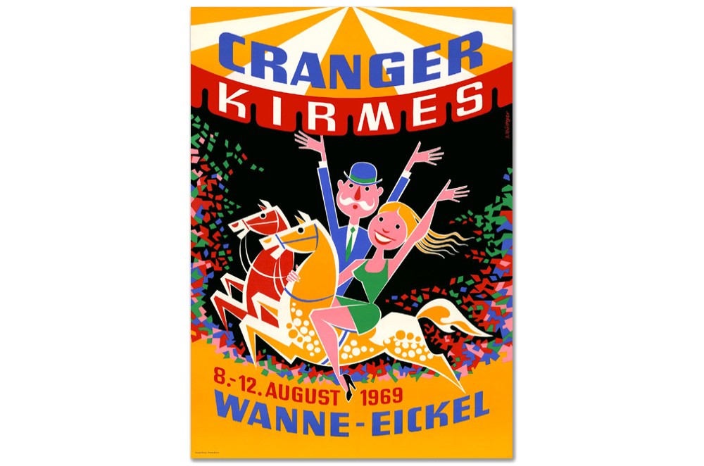 Plakat des Jahres 1969 mit einer Zeichnung eines Mannes und einer Frau auf Karusellpferden