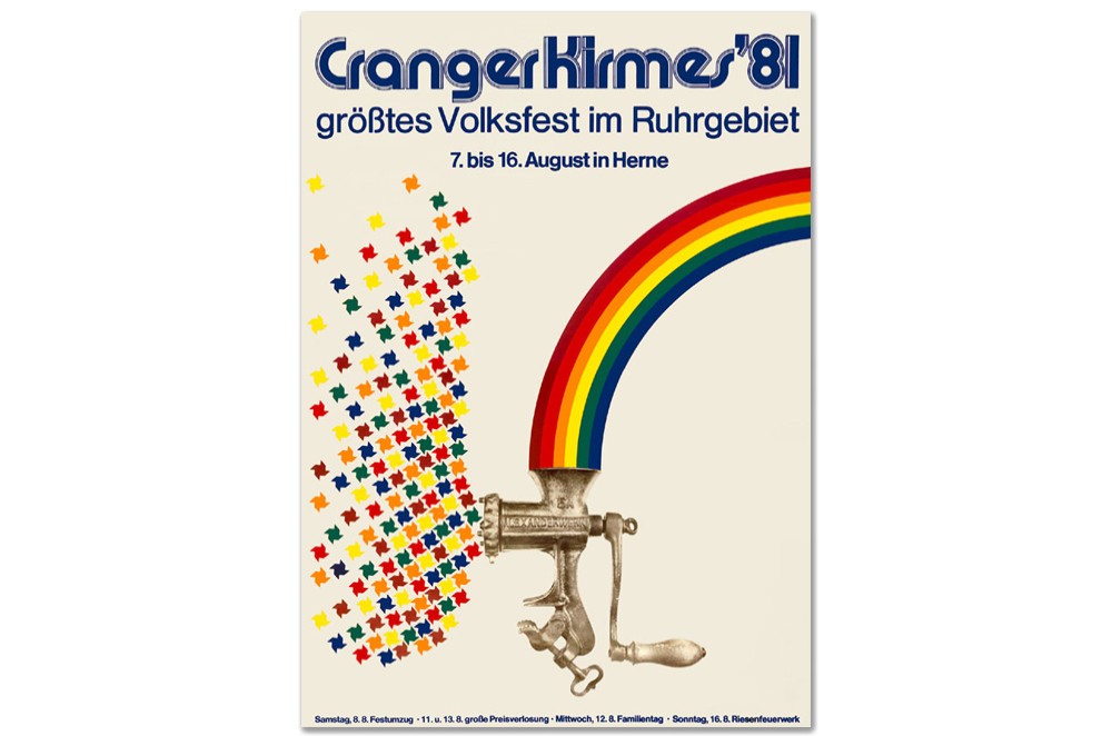 Plakat des Jahres 1981 mit einem Regenbogen, einem Fleischwolf und bunten Windrädern