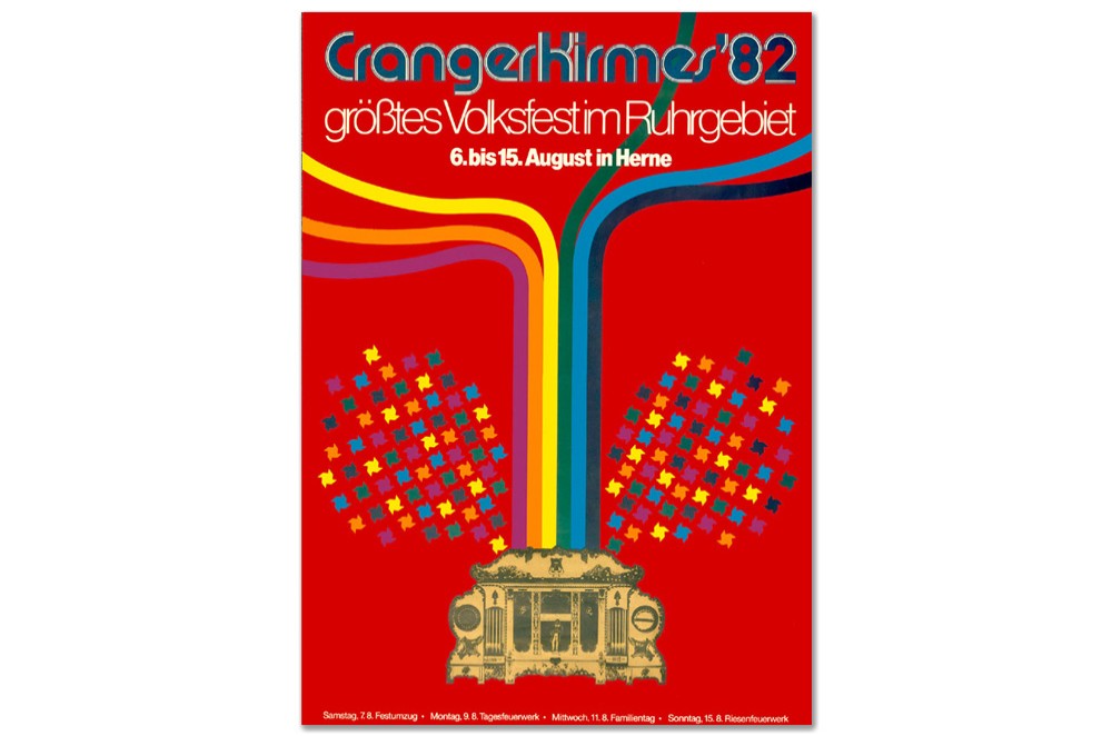 Plakat des Jahres 1982 mit bunten Linien und Windrädern