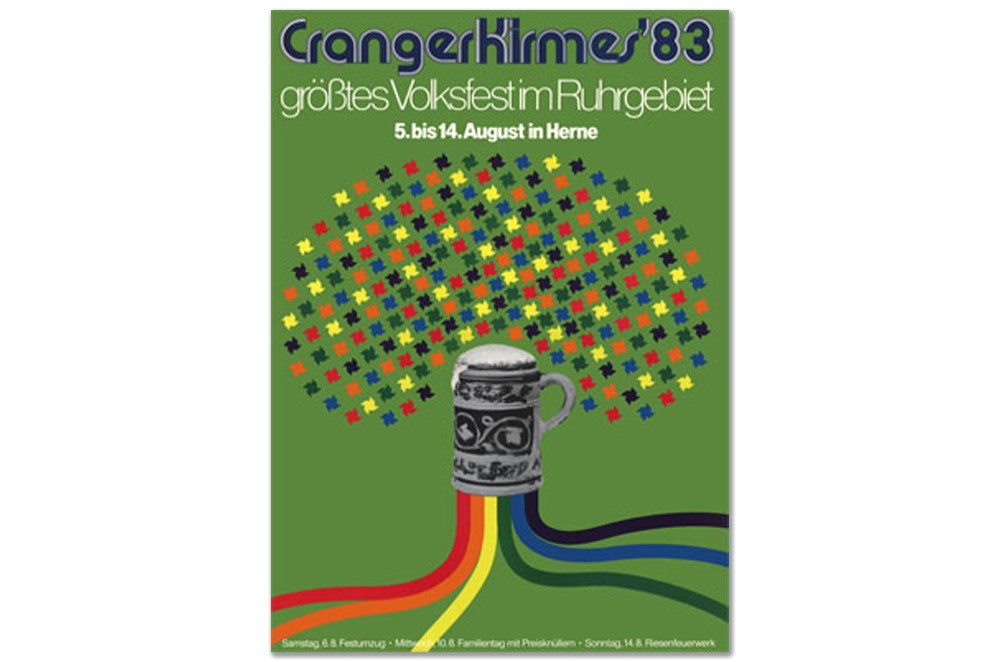 Plakat des Jahres 1983 mit einem Bierkrug, bunten Linien und Windrädern