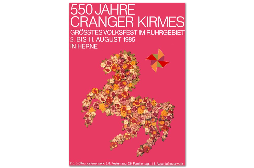 Plakat des Jahres 1985 mit einem Pferd aus Blumen