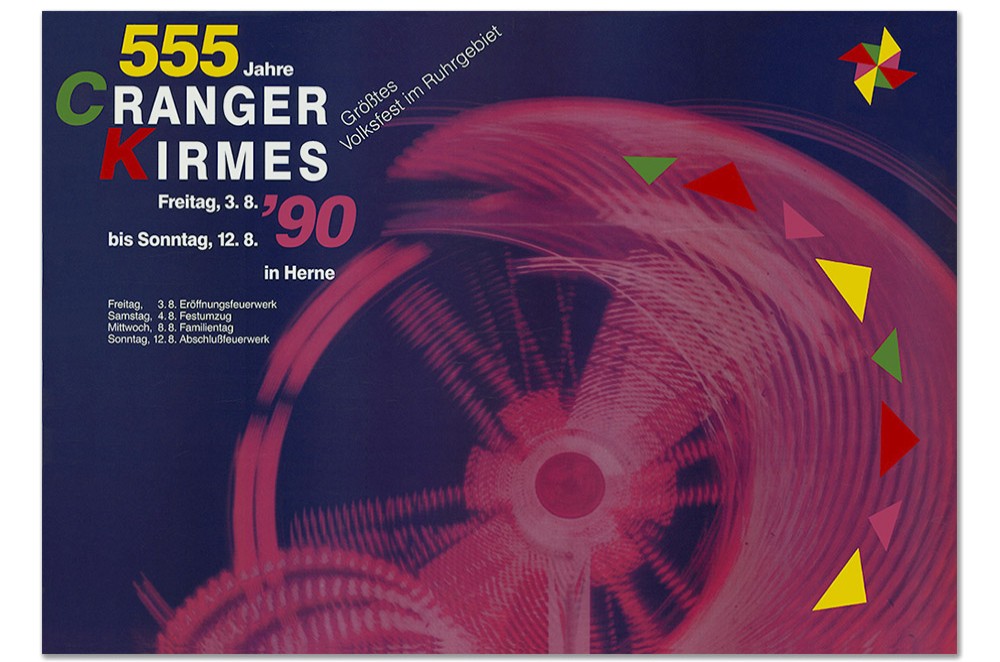 Plakat des Jahres 1990 mit einem stillisiertem Fahrgeschäft