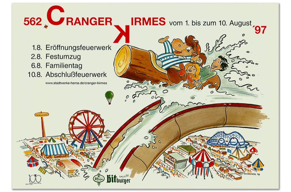 Plakat des Jahres 1997 mit einer Zeichnung mit einem Pferd auf einer Wildwasserbahn