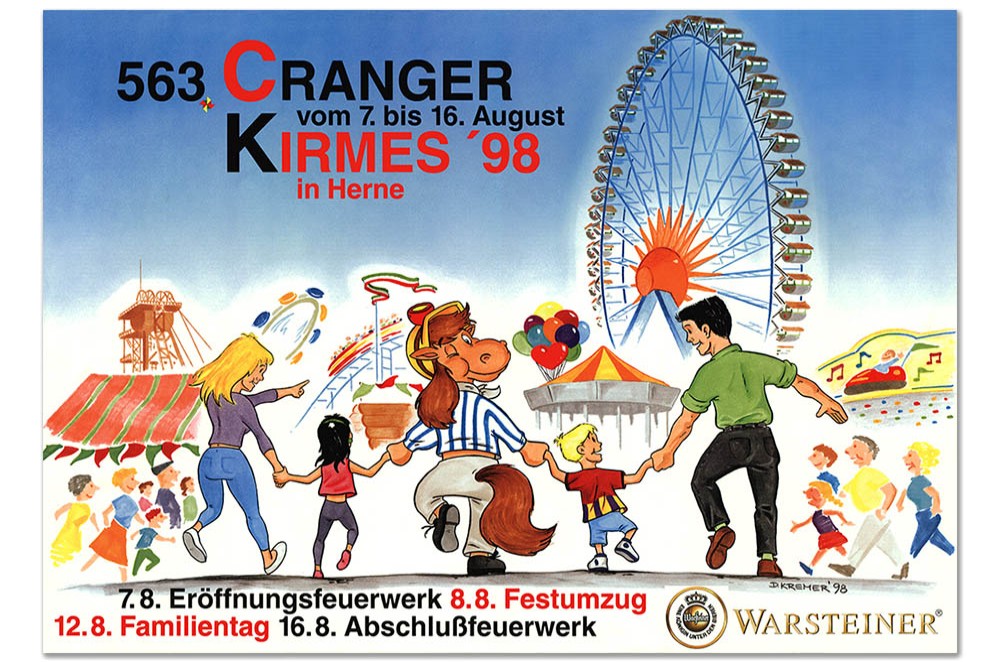 Plakat des Jahres 1998 mit einer Zeichnung von Kirmesbesuchen, darunter ein Pferd