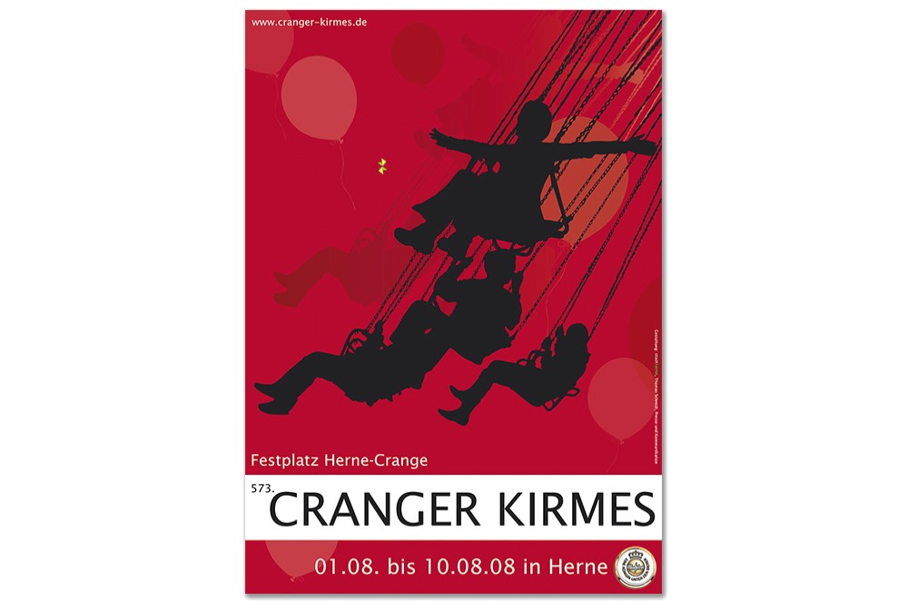 Plakat des Jahres 2008 mit der Zeichnung von Menschen im Kettenkarussell