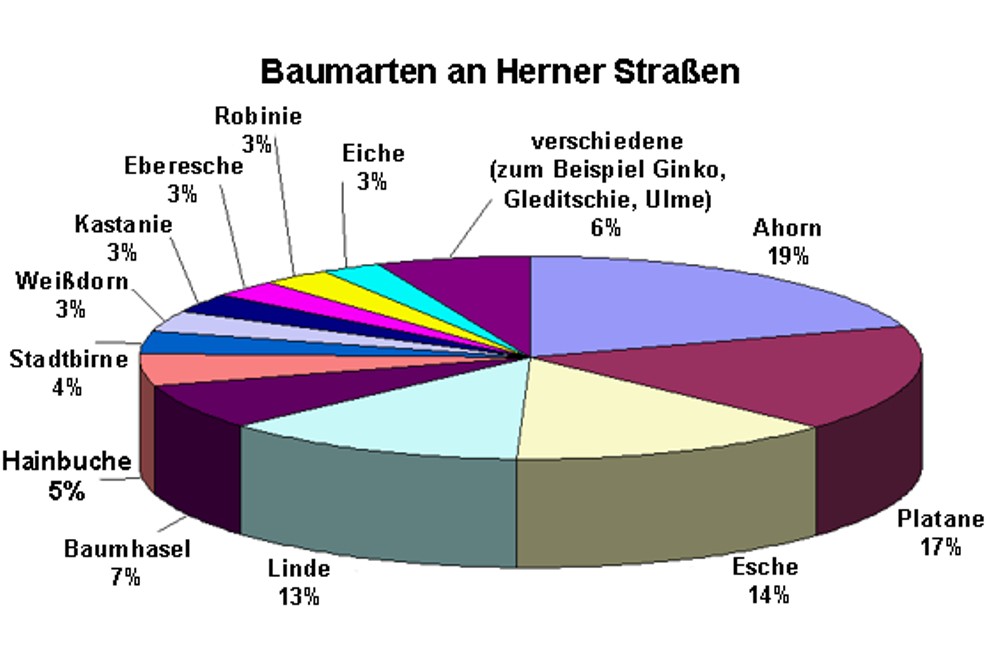 Tortendiagramm Baumarten an Herner Straßen: Ahorn 19%, Eiche 3%, Robinie 3%, Eberesche 3%, Kastanie 3%, Weißdorn 3%, Stadtbirne 4%, Hainbuche 5%, Baumhasel 7%, Linde 13%, Esche 14%, Platane 17%, verschiedene (zum Beispiel Ginko, Gleditschie, Ulme) 6%