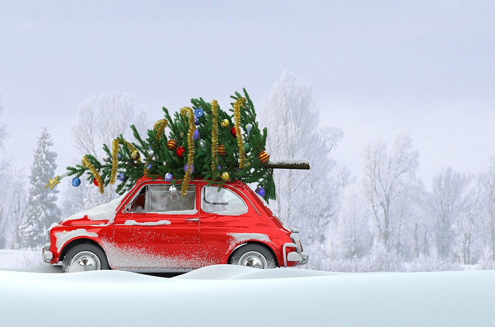 Auto mit geschmücktem Weihnachtsbaum auf dem Dach im Schneegestöber