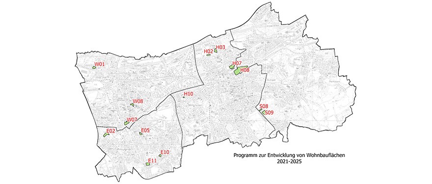 Übersichtskarte von Herne zum Programm zur Entwicklung von Wohnbauflächen (WEP) 2021 bis 2025